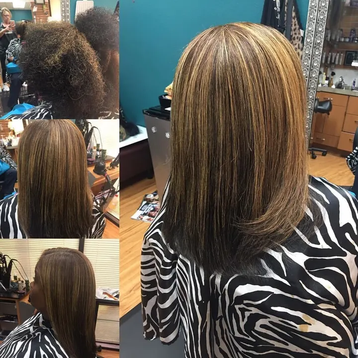 Highlights collage: dark roots to caramel-highlighted bob