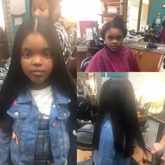 Young girl before/after silk press: long straight hair, studio mirrors behind