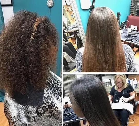 Curly-to-smooth transformation collage: voluminous curls, then sleek blow-out