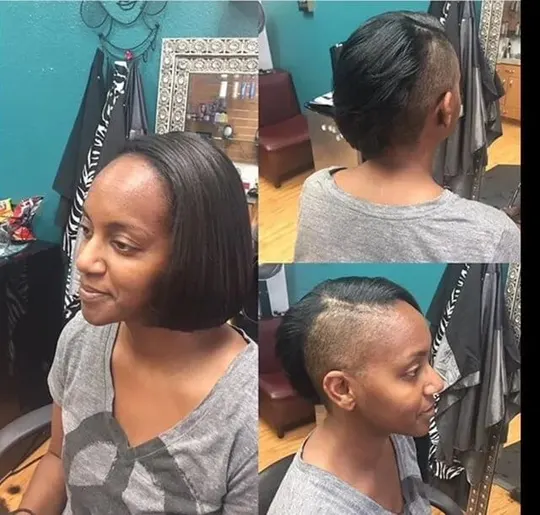 Short sleek bob and shaved undercut style, side and back views in the salon